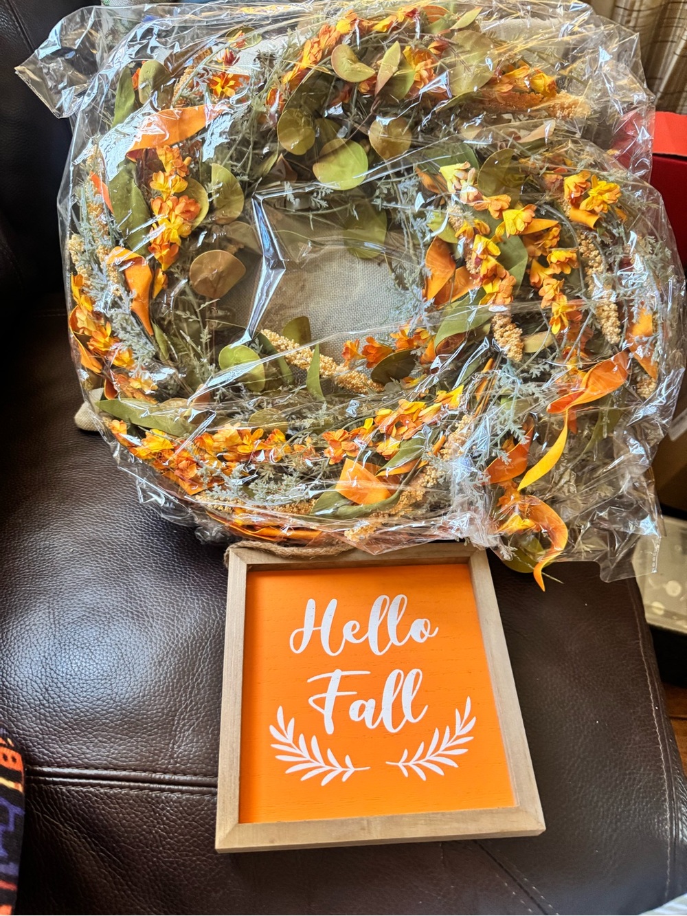 Autumn Floral 22” Wreath with "Hello Fall" Sign - Orange & Green New